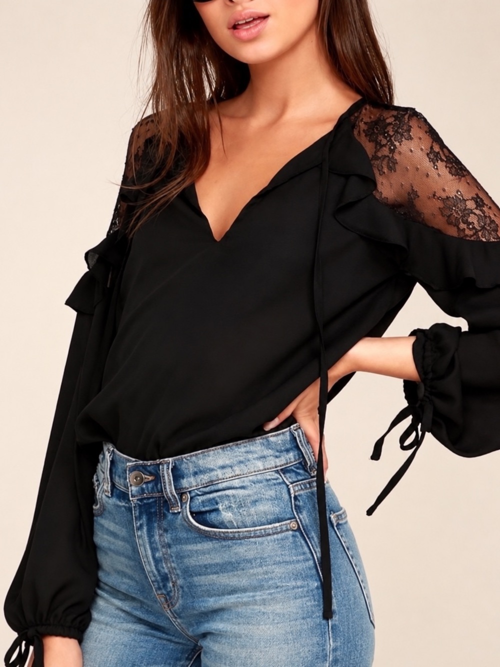 LULUS Glorious Day Black Floral Lace Ruffle Blouse Top M